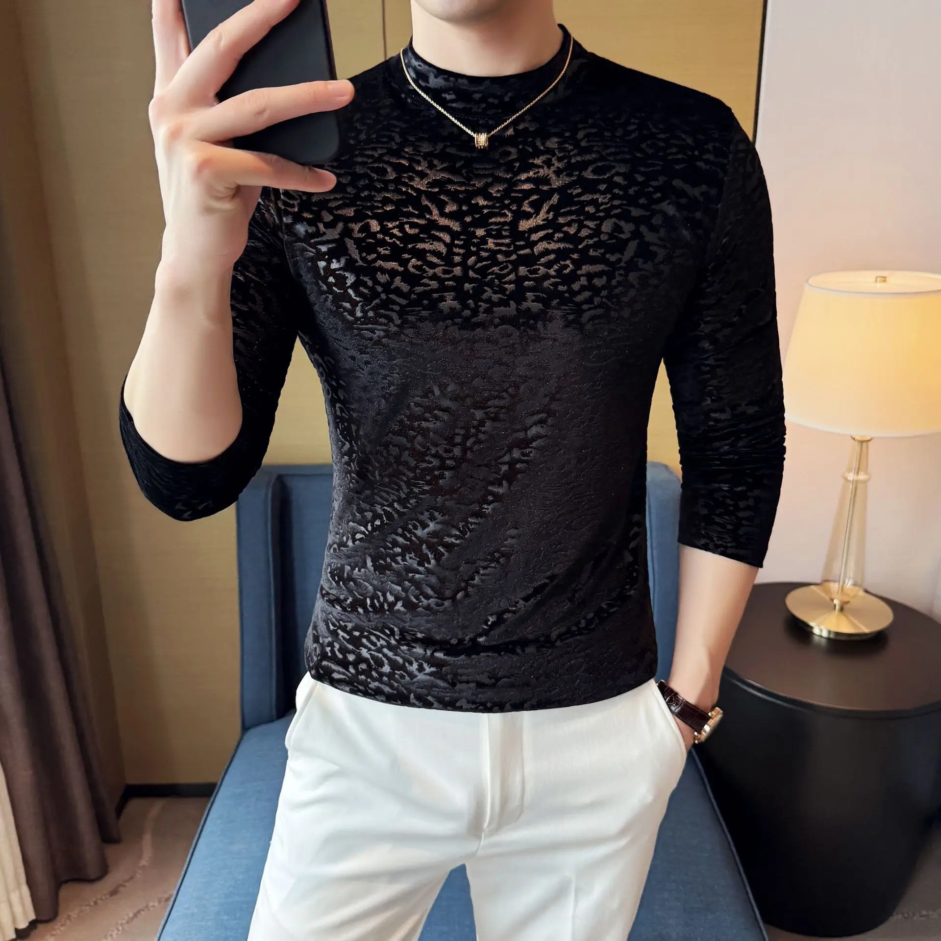Boys' Semi-turtleneck Gold Velvet T-shirt, Fashionable Mid-neck Base Shirt, Slim T-shirt, Long-sleeved Underwear