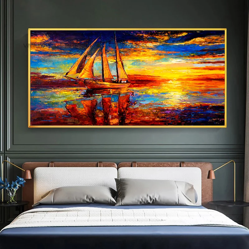 100% Hand Painted Impressionist Sailboat Seascape Oil Painting, Palette Knife Sunset Ocean Wide Canvas Bedroom Wall Art