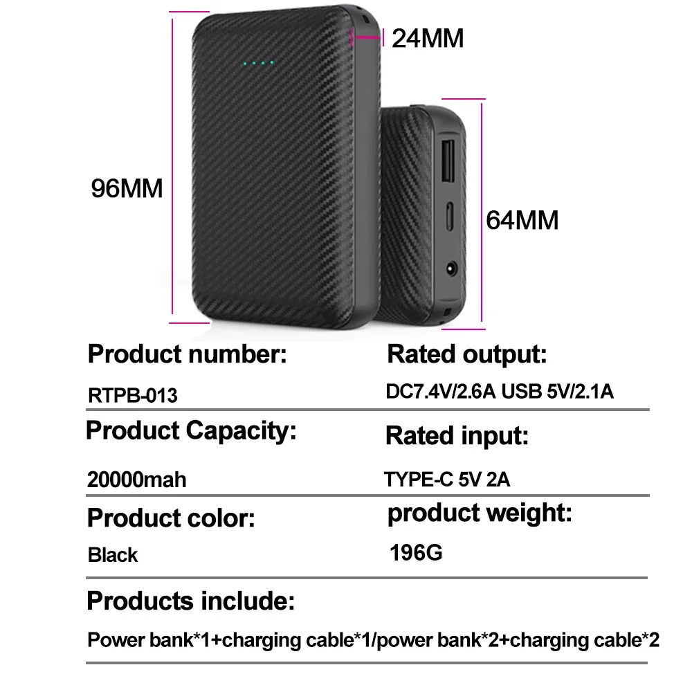 Batterie externe portable pour chauffage de téléphone en verre, chargeur portable, batterie externe, charge portable, DC 7,4 V, 20000mAh