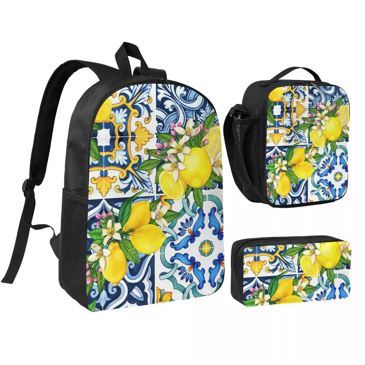 

Bright Mediterranean Sicilian Tiles With Citrus Lemons Backpack BookBag School Bag Shoulder Bags 3ps Lunch Bag Pencil Case