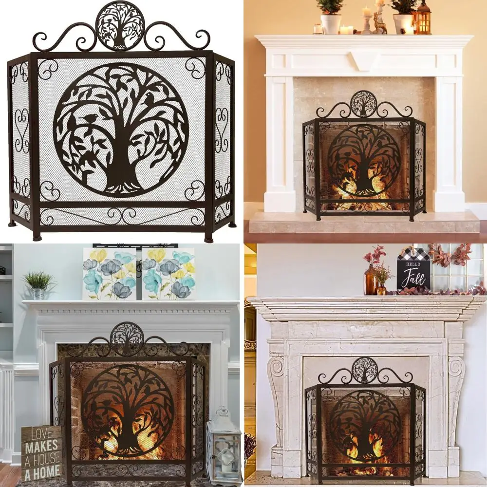 

Rustic Tree of Life Fireplace Screen - 3-Panel Decorative Cover for Standing Fireplaces