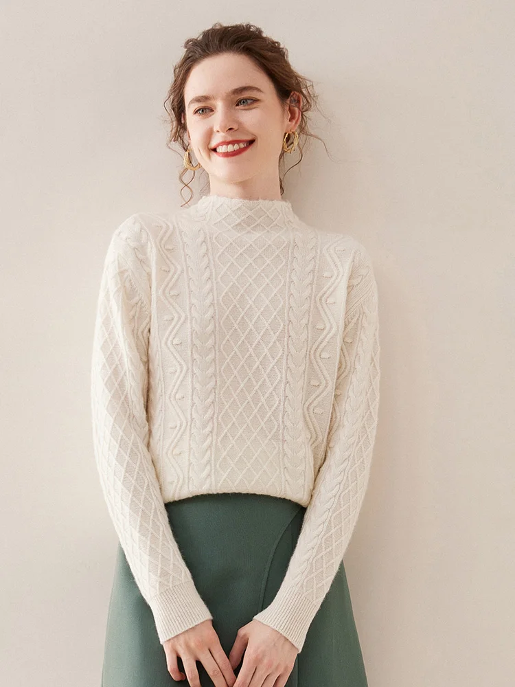 Winter Women's Cashmere Sweater Twist Flower Mock Neck Pullover Thick Warm Vintage Style Cashmere Knitwear High Quality Fashion