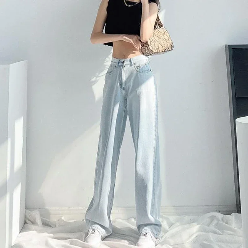 Womens Jeans High Waist Shot Straight Leg Pants For Women Blue Trousers Hippie With Trend Popular Vintage Luxury Designer Gyaru