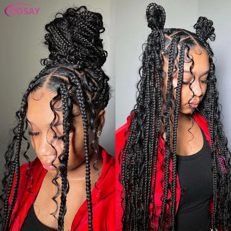 32Inch Lange Boho Gevlochten Pruiken Synthetische Volledig Kant Knooploze Doos Vlechten Pruik Met Gekrulde Uiteinden Cornrows Vlechten Pruik Met Baby Haar