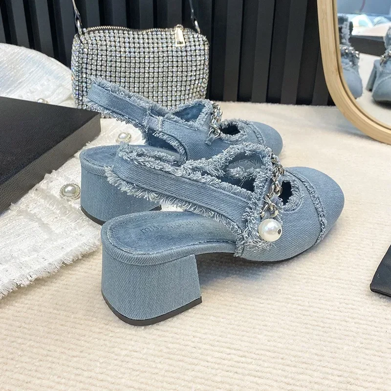 

2024 Women Summer 7cm High Heels Shoes Sandals Lady Bling Mules Slingback Silver Pumps Female Denim Sandals Bridal Quality Shoes