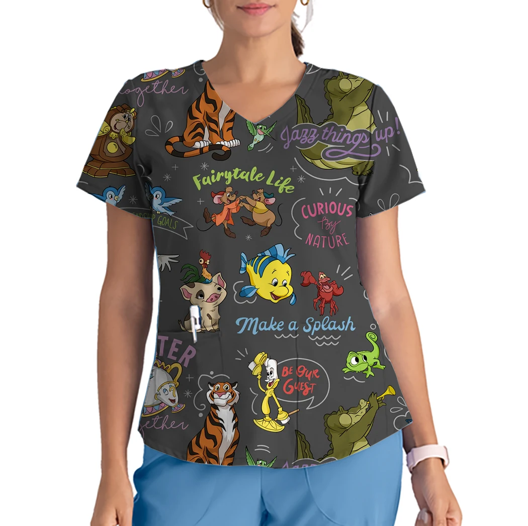 2025 الصيف المرأة ممرضة موحدة تي شيرت ديزني الكرتون الحيوان ميكي ماوس طباعة الخامس الرقبة جيب فرك فضفاض التمريض موحدة