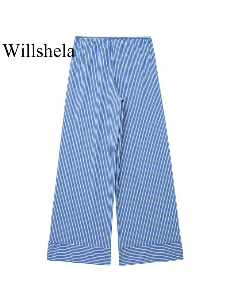 Willshela Women Fashion Striped Drawstring Lace Up Straight Pants Vintage Mid Elastic Waist Female Chic Lady Trousers