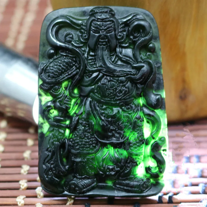 New Natural Dark Green Jade Wu Caishen Guan Gong Yu Pei Pendants for Men and Women Are Safe and Versatile Pendants.