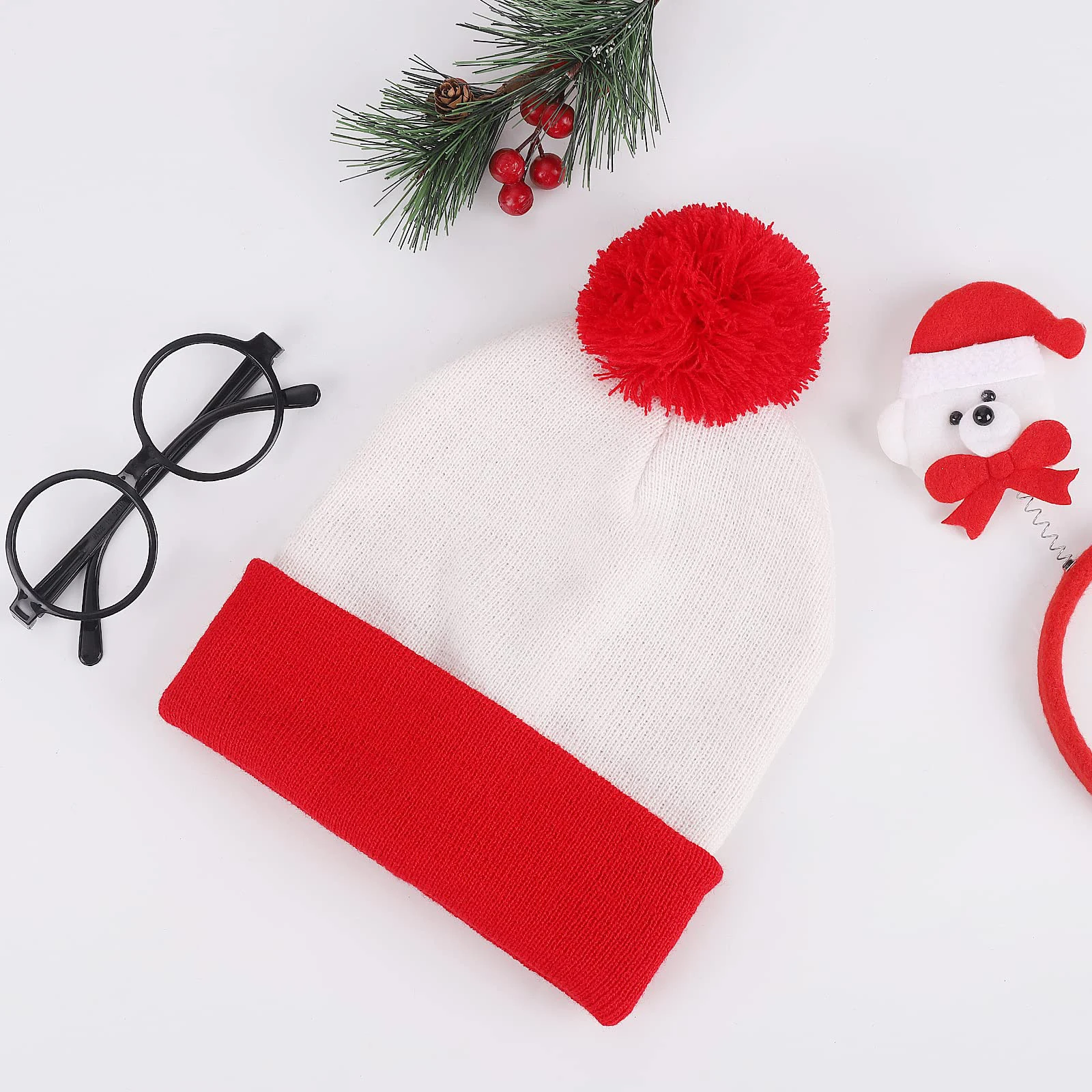 3 Pieces Red White Beanie Hat Costume Accessory Set with Knitted Pom Pom Beanie Hats Round Costume Glasses