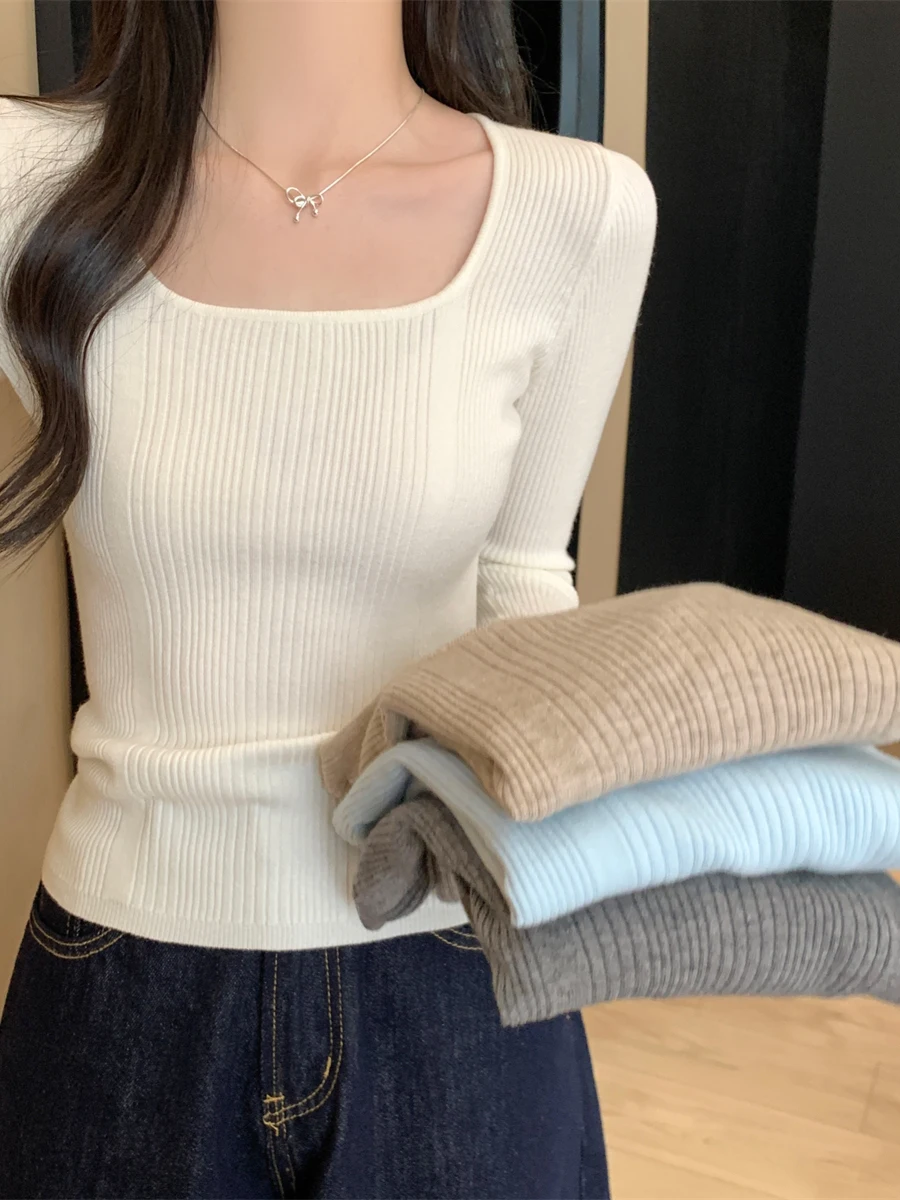 เสื้อสเวตเตอร์ถักทรงสลิมฟิตสไตล์เกาหลีสำหรับผู้หญิง คอเหลี่ยมนุ่ม สวมใส่เป็นเสื้อตัวในได้ ดีไซน์อเนกประสงค์ สีขาว แขนยาว