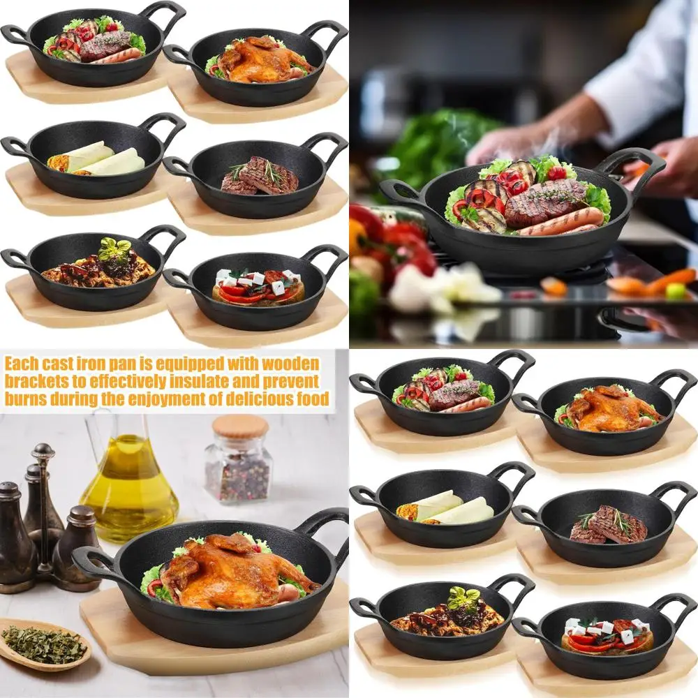 

6-Piece Mini Cast Iron Skillet Set with Wooden Stand, 6.3 Round Fajita Plates for Cooking & Parties