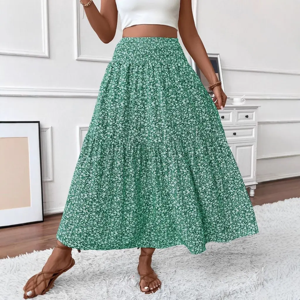 

Women's A-Line Skirt High-End European And American Style Small Floral Three-Layer Splicing Long Skirt for Independent Site