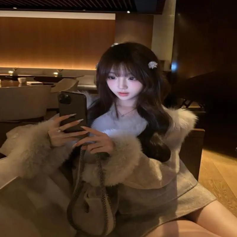 

Зимний новый стиль, шуба с бантом, топ и юбка, комплект женской элегантной женской одежды из двух предметов для зимней моды, милый кавайный модный комплект