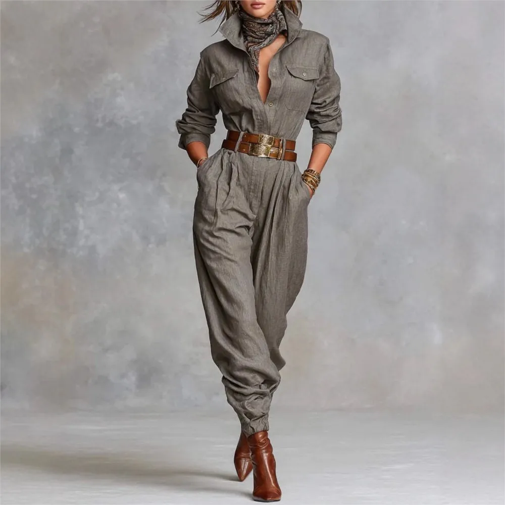 Solid Color Long-sleeved Lapel Single-breasted Multi-button Leg Jumpsuit For Women Spring Autumn New Jumpsuits For Woman