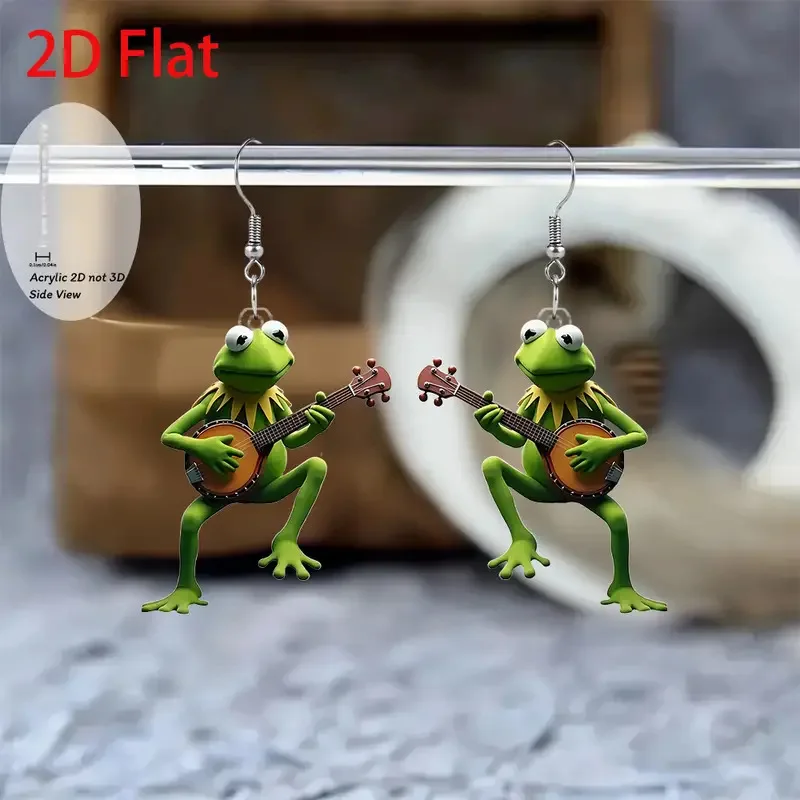 قطعة واحدة من أقراط سيدة الضفدع المسطحة من الأكريليك تتحدث عن الجيتار، أقراط بتصميم إبداعي على شكل حيوانات مع خلايا موسيقية، هدية