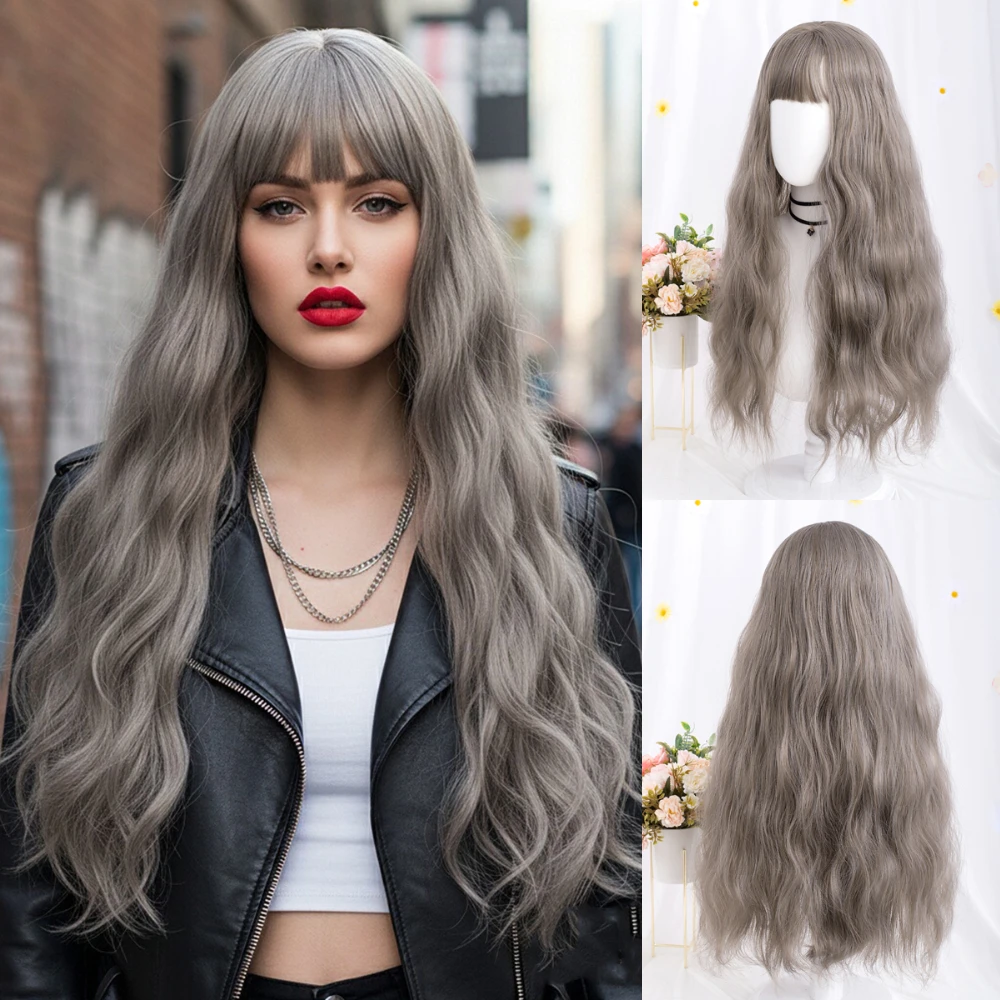 VICWIG Long Curly Synthetic Hair Gray Purple Natural Black Thin Vine Color Cosplay Wig with Bangs for Women