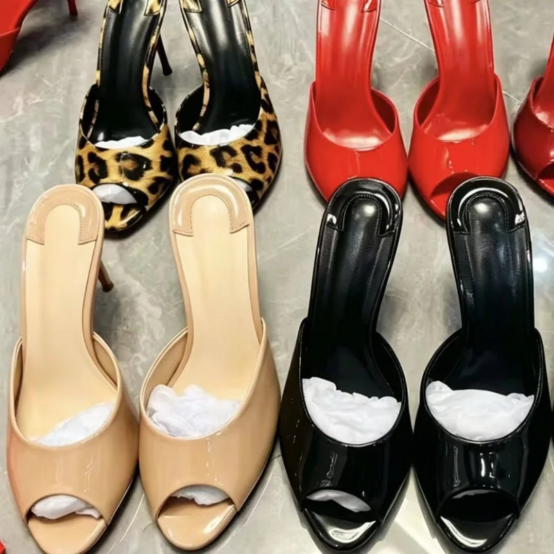 Summer Sexy Style Patent Leather One-Piece Drag Women Wearing Thin Heels, High-Heeled Sandals, Open-Toed Slippers Women