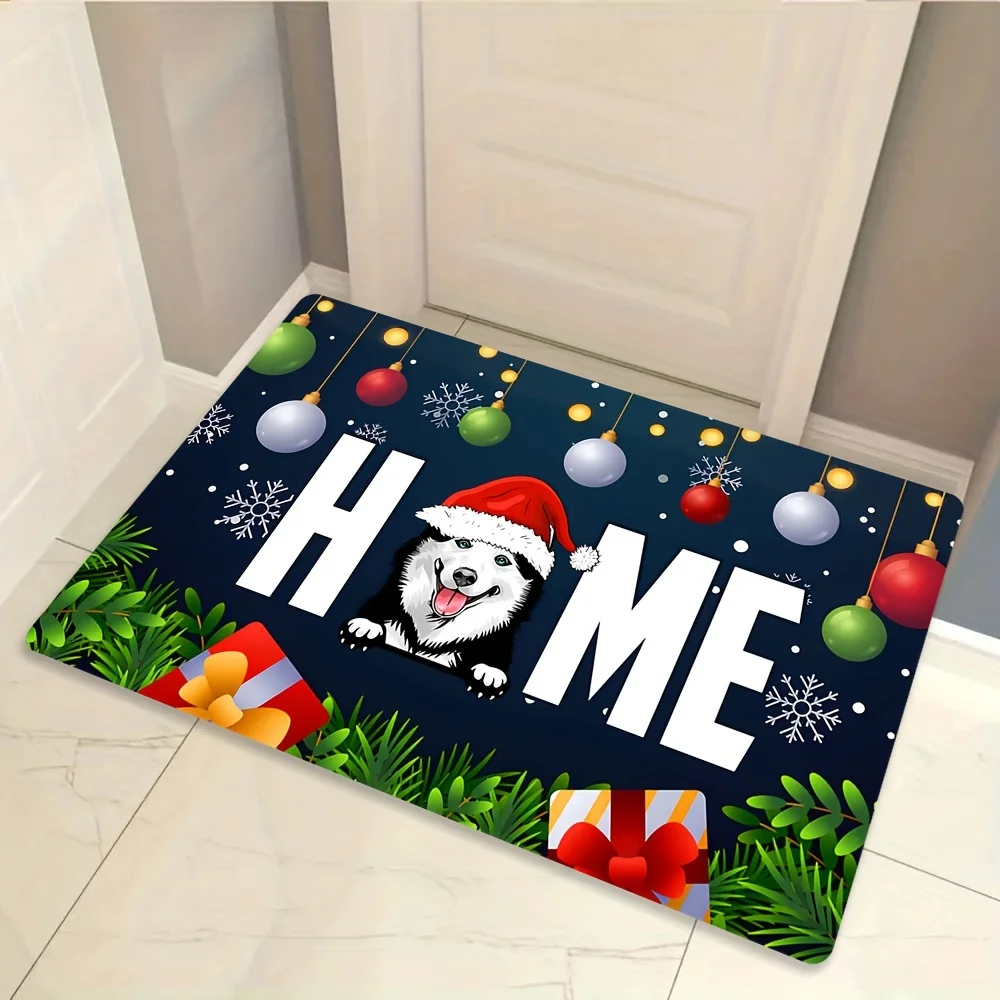 Santa Husky HOME Letter Christmas Ornament Pine Print Non Slip Indoor Entry Mat Holiday Front Door Floor Decor Rug