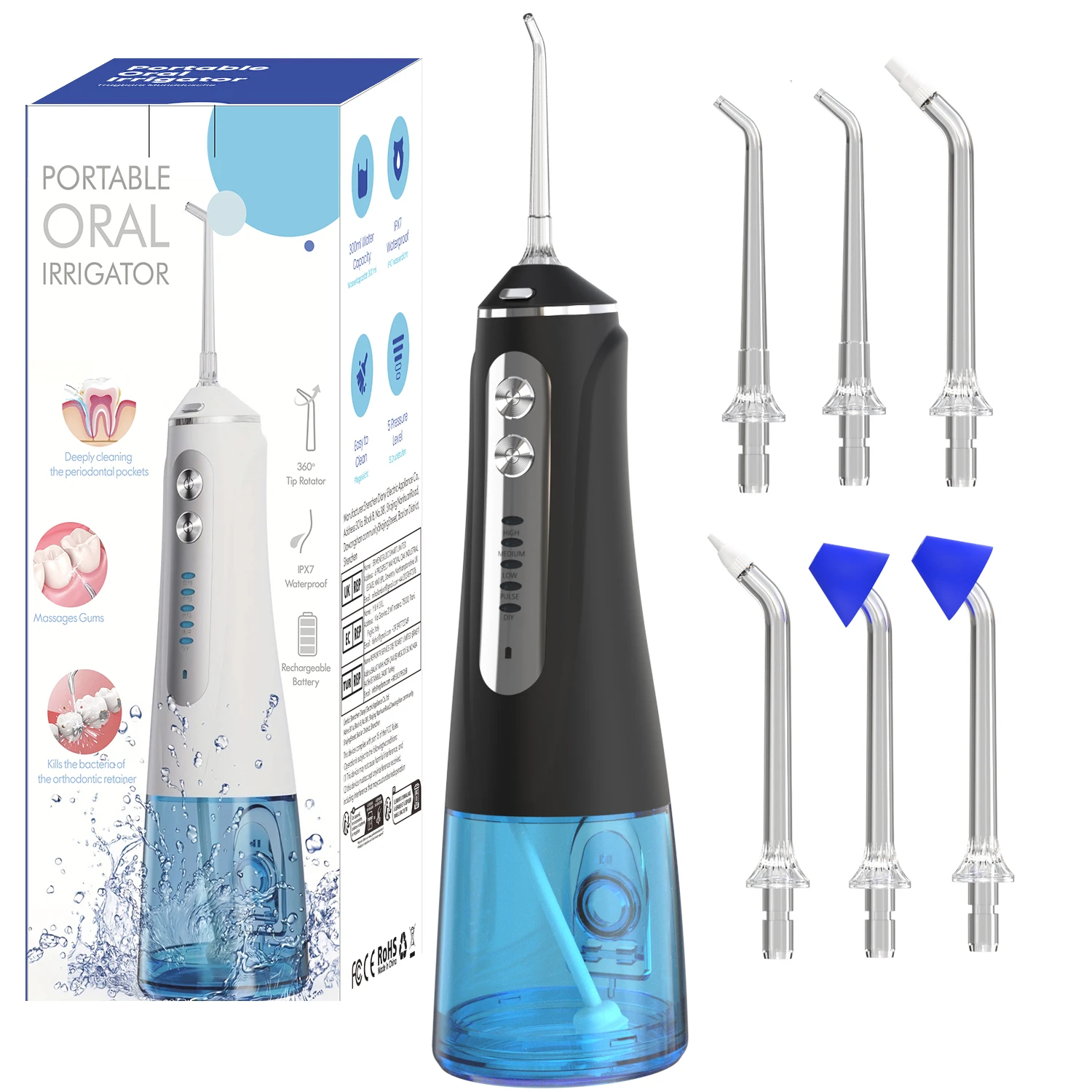 

Беспроводной портативный ирригатор для полости рта, ирригатор для зубов, 300 мл, IPX7, водонепроницаемый, 5 режимов, 6 струйных насадок, USB-C, водная зубная нить