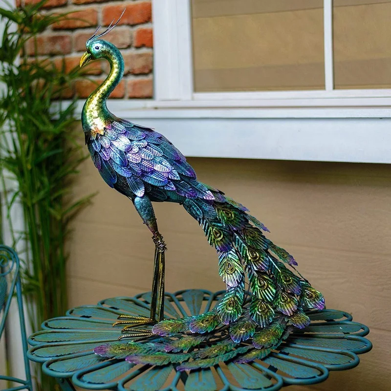 1 PCS Multicolor Metallic Peacock Statue Metallic Peacock Statue Outdoor Garden, Patio, Deck, Porch-Yard Art Decoration Metal