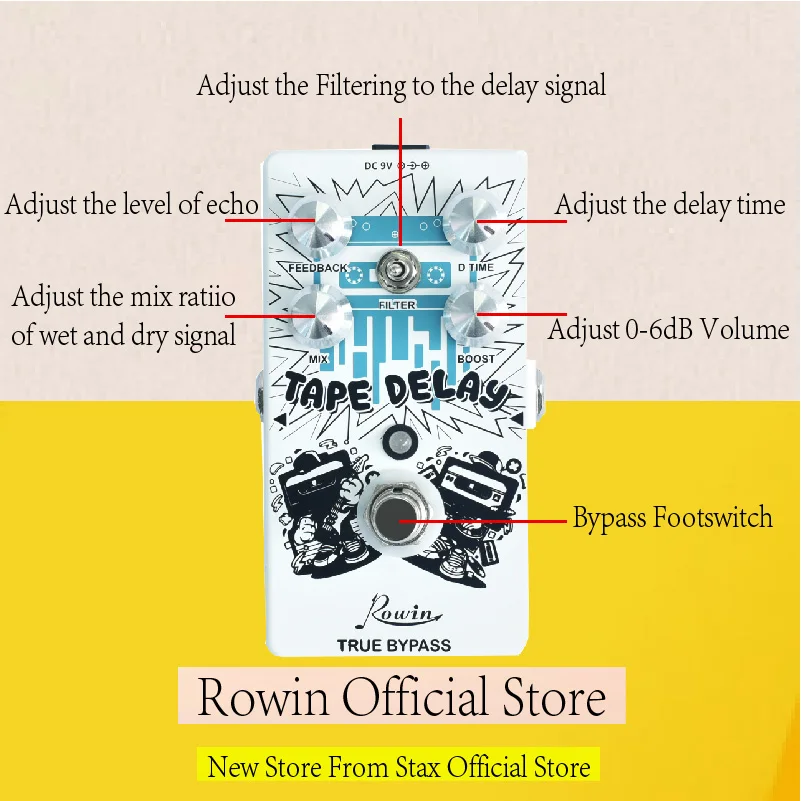 Rowin RE-01 Tape Delay Guitar Effect Pedal Combined With Delay And Bass Effects Wide Range Delay Adjustment And Make Real Bass