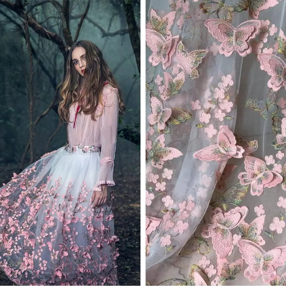 

51" Width 3D Butterfly Floral Flower Embroidered Tulle Lace Fabric Mesh Lace Fabric by The Yard for DIY Handmade Clothing Weddin