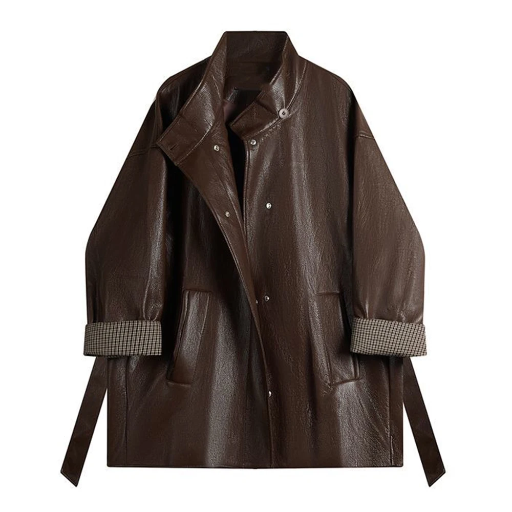 

Женская кожаная куртка Maillard кофейного цвета, новинка осени, свободная однотонная одежда на шнуровке, корейская верхняя одежда, топ для поездок на работу