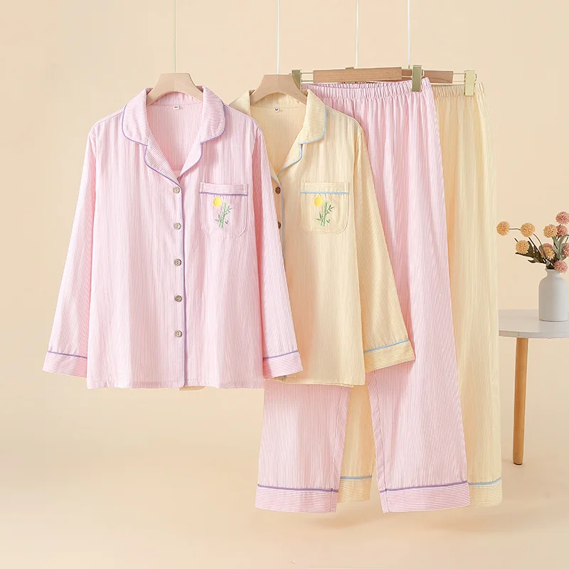 

Autumn Pure Cotton Double-layer Gauze Pajamas Women's Thin Long-sleeved Trousers Loungewear Set Turn-Down Collar Striped Pijama