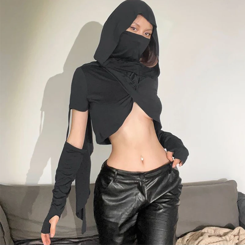 Sand dune wasteland style, unique cross necked, age reducing long sleeved vest, high waisted, navel exposed short hooded T-shirt