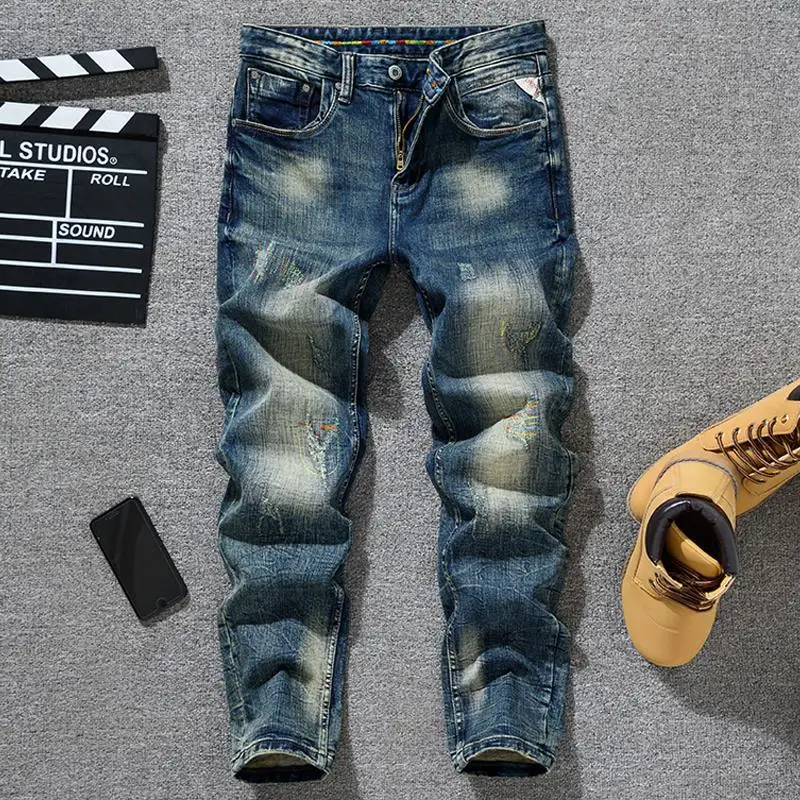 Autumn jeans for men, slim fit, straight legged, casual, retro, distressed, washed, street style, cool denim pants