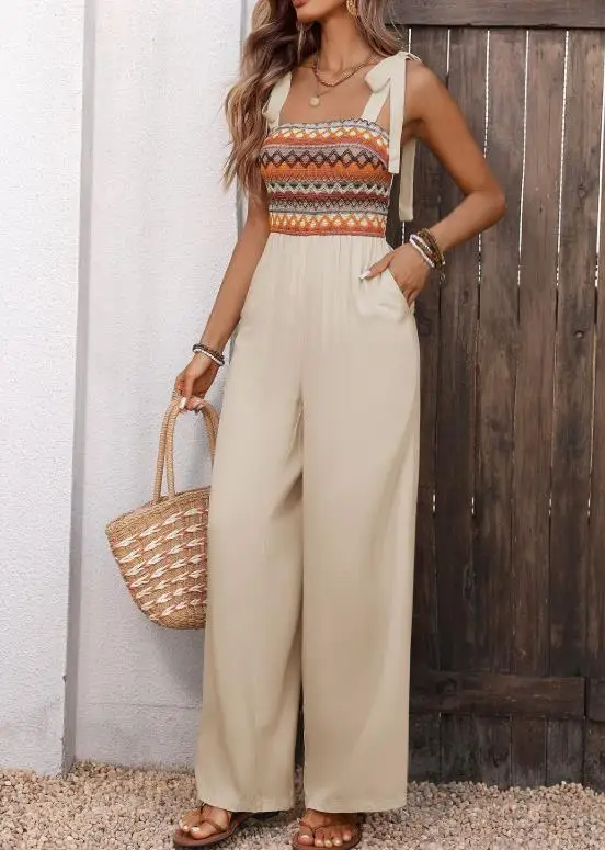 

Women's jumpsuit embroidered patchwork pocket suspender jumpsuit 2026 summer new casual ethnic style women's clothing