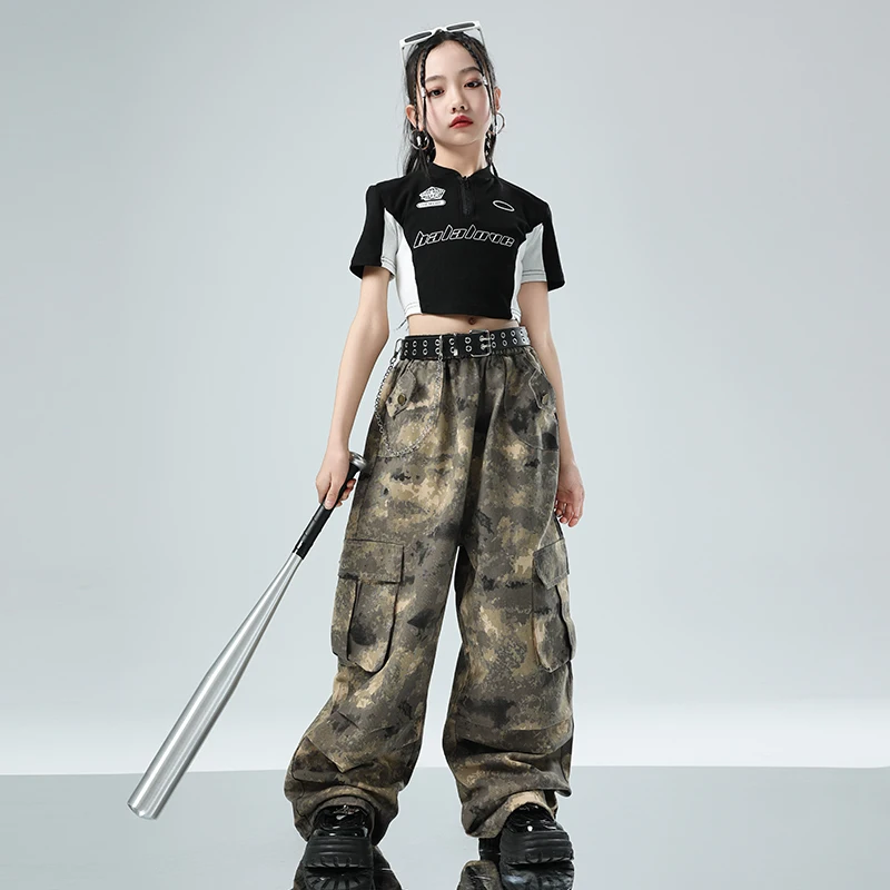 Coole Hip Hop Tanz kleidung für Mädchen Kurzarm Tops lose Tarnhose Jazz Dance Performance Kostüm kpop Outfit l12533