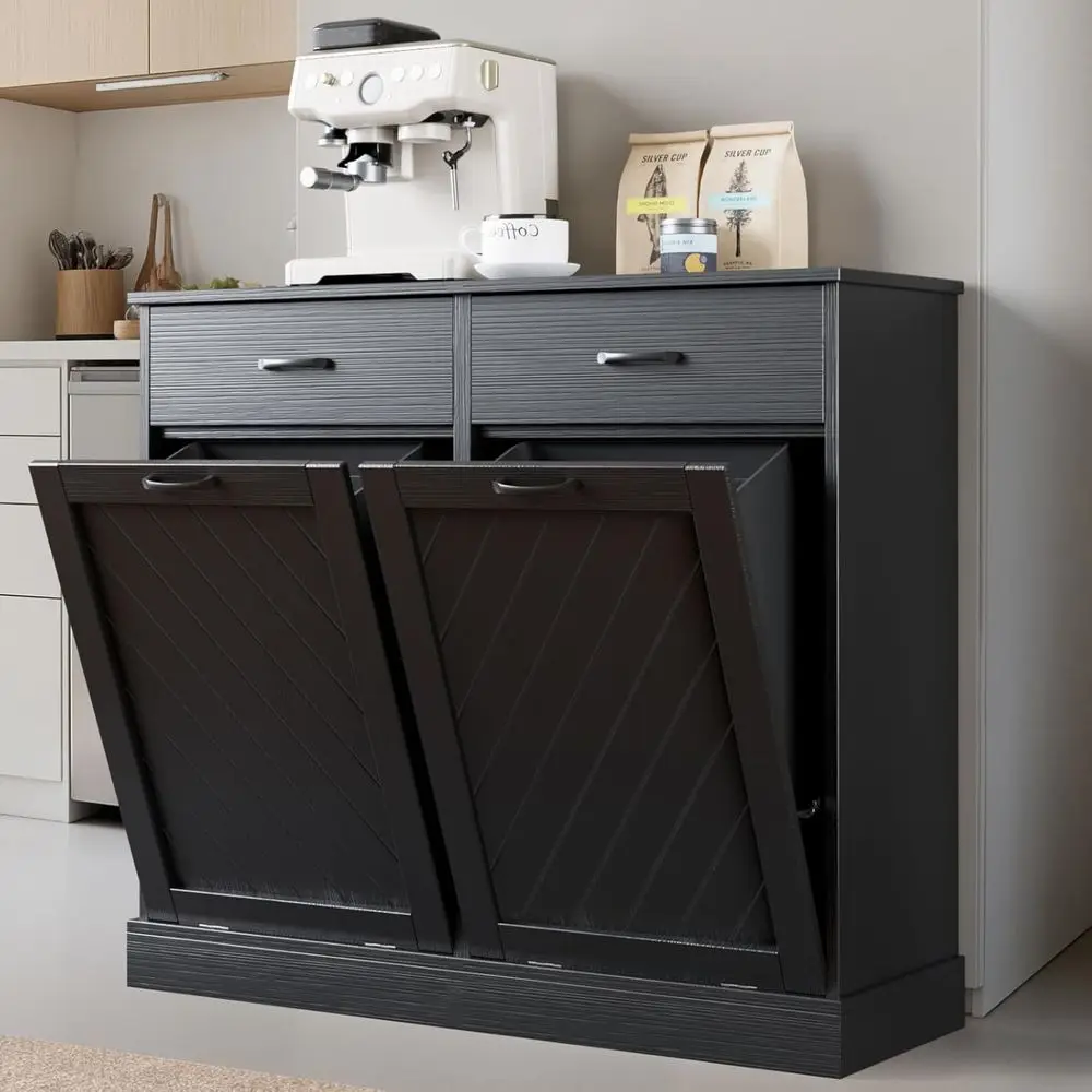 

Шкаф для мусорных баков с двумя отсеками, 2x13 галлонов, скрытые контейнеры для отходов, шкаф для хранения для кухни, прачечной, гостиной, черный