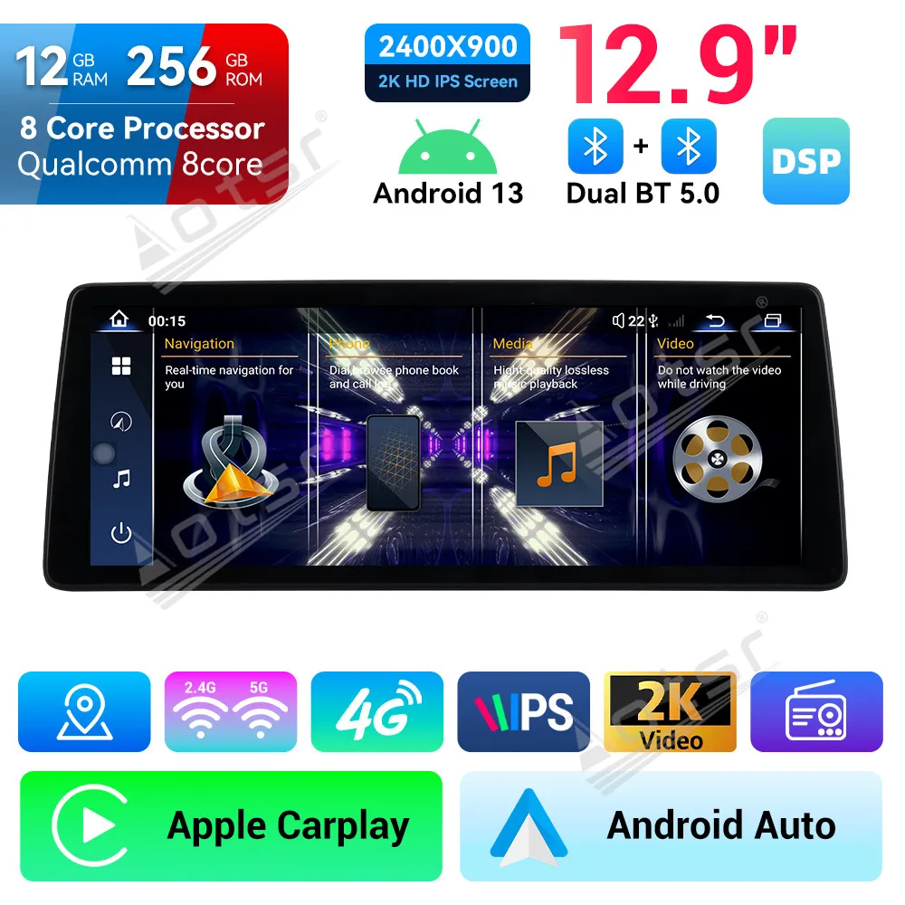 Super Dual Bluetooth Car Radio for BMW 3/4 Series NBT EVO Qualcomm 12.9-inch Android 13 GPS Navigation 4G WiFi Multimed