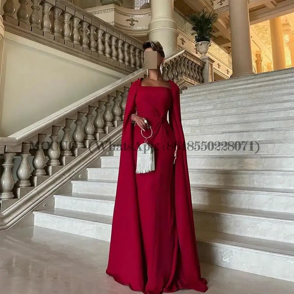 

Elegant Burgundy Long Evening Dresses Saudi Arabic Women Party Formal Dress Squar Neck Prom Gowns Celebrity Wedding with Cape