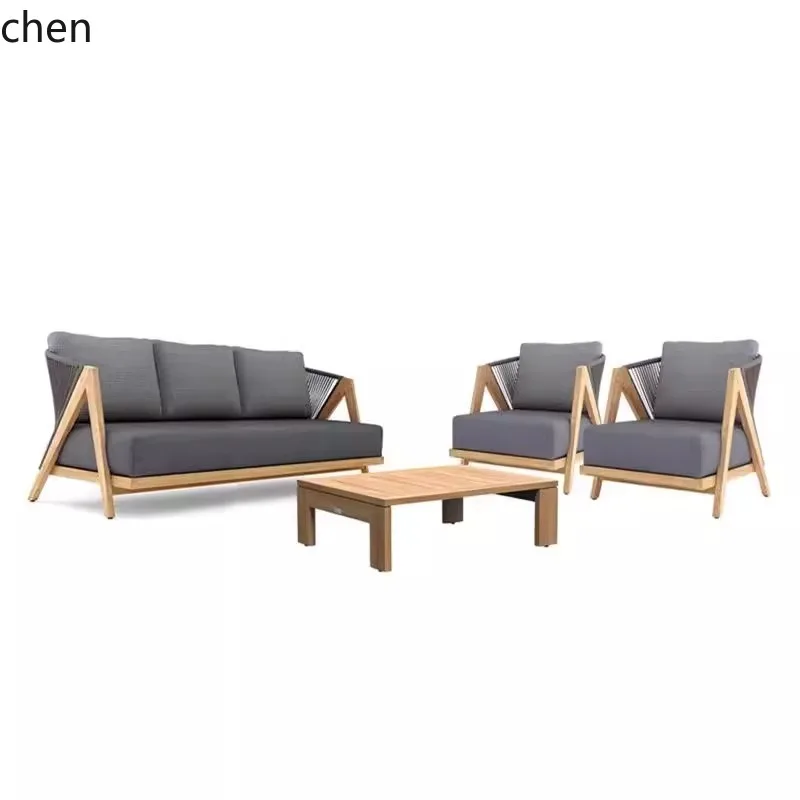 Outdoor Sofa Custom Courtyard Open-Air Outdoor Teak Rope Woven Rattan Sofa Anti-Corrosion Leisure Garden