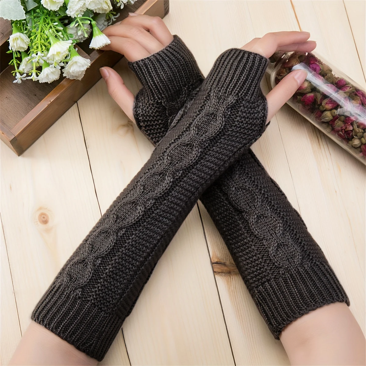 Sarung Tangan Tanpa Jari Bermotif Linen Penutup Lengan Pelindung Pergelangan Tangan Wol Setengah Jari Penutup Lengan Hangat Rajutan