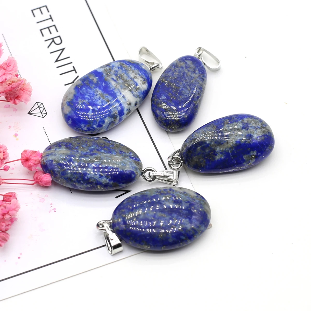 5PC Natural Stone Pendant Crystals Amethyst Rose Quartz Smooth Polished Gemstone Charms for Jewelry Making DIY Necklace Earrings
