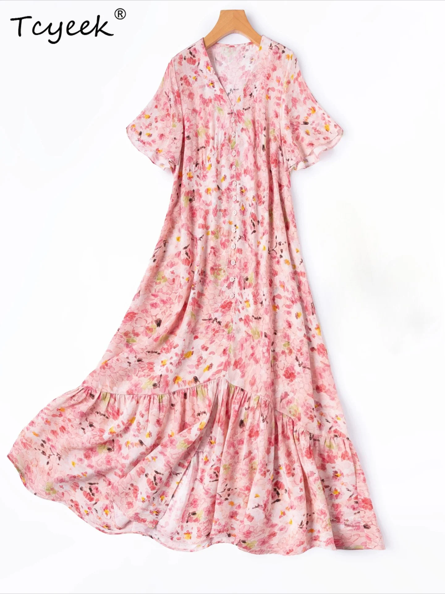 Tcyeek 100% Mulberry Silk Party Dress Elegant Womens Dresses Fashion Summer Clothes Loose Fit Fishtail Dress Flying Sleeve 2026