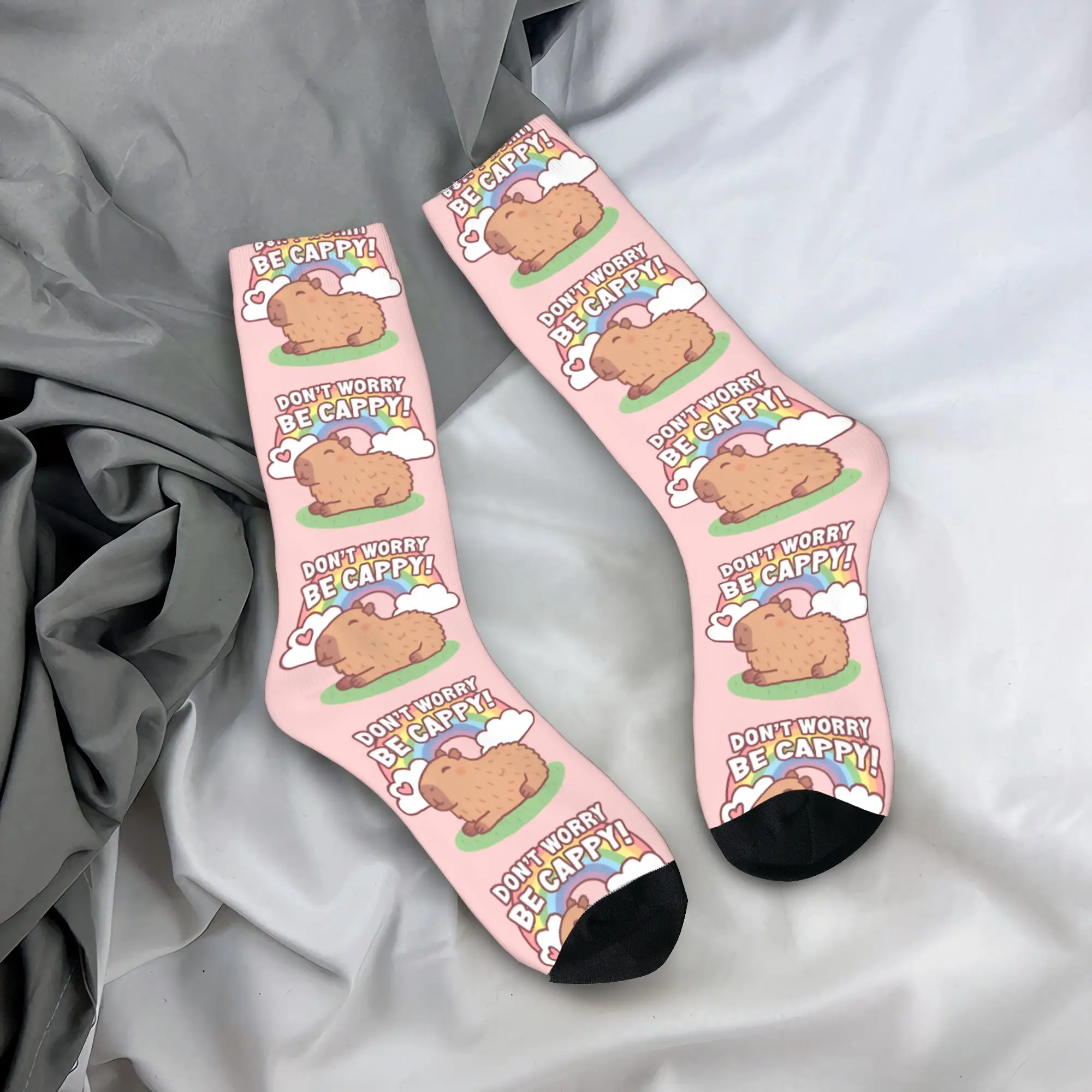 

Colorful Cute Capybara And Rainbow Basketball Socks Don't Worry Be Cappy Middle Tube Socks for Women Men Sweat Absorbing