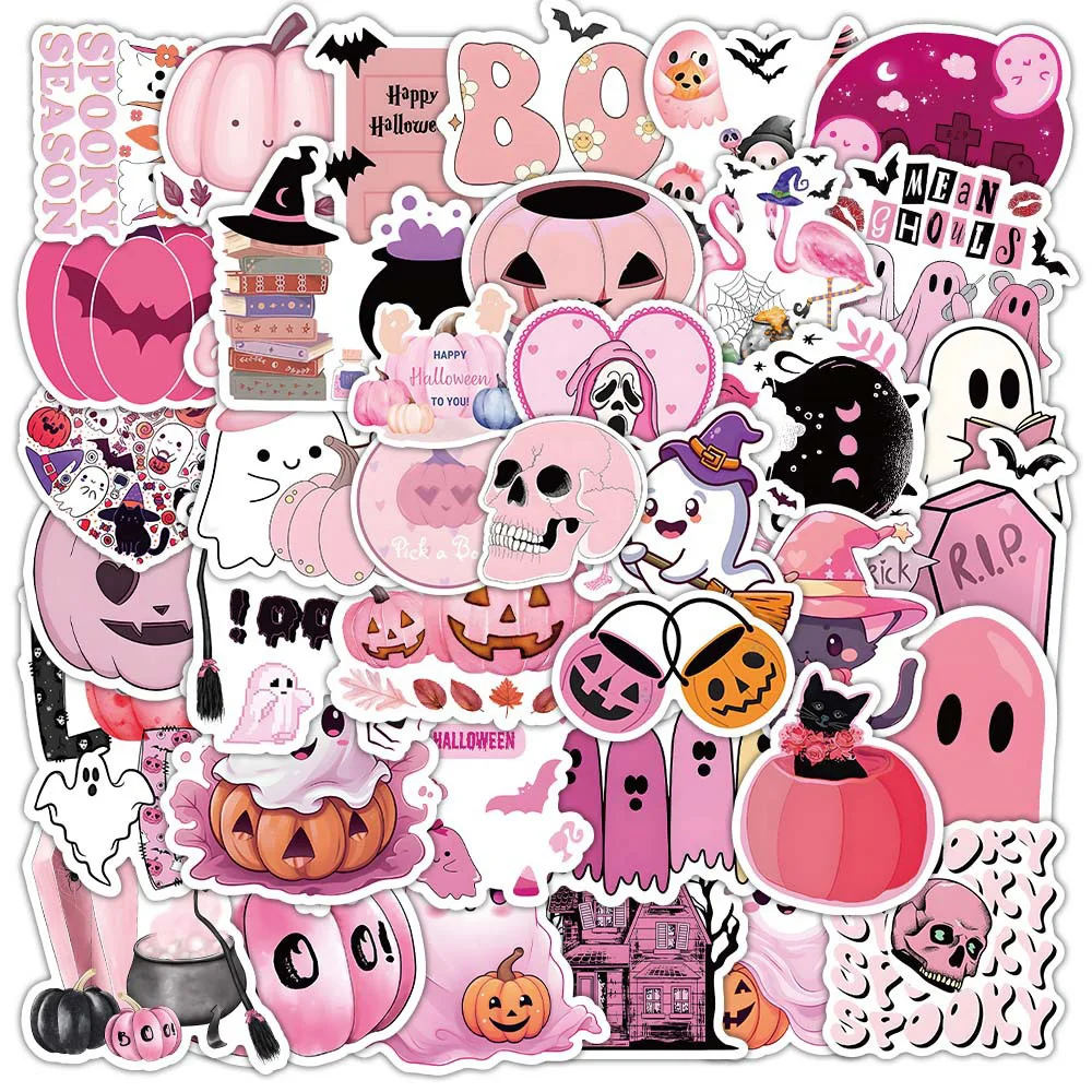 10/30/50Pcs Pink Halloween Cartoon Stickers Cute Ghost Graffiti Sticker Decoration Phone Card Luggage Laptop Cup Kawaii Deacals