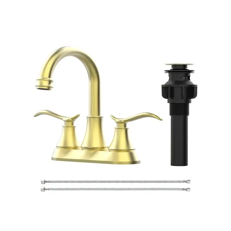 

Смеситель для ванной комнаты из матового золота с выдвижным сливом и шлангами питания, поворотным изливом с высокой дугой и 2 ручками, дизайн центральной установки, идеально подходит для