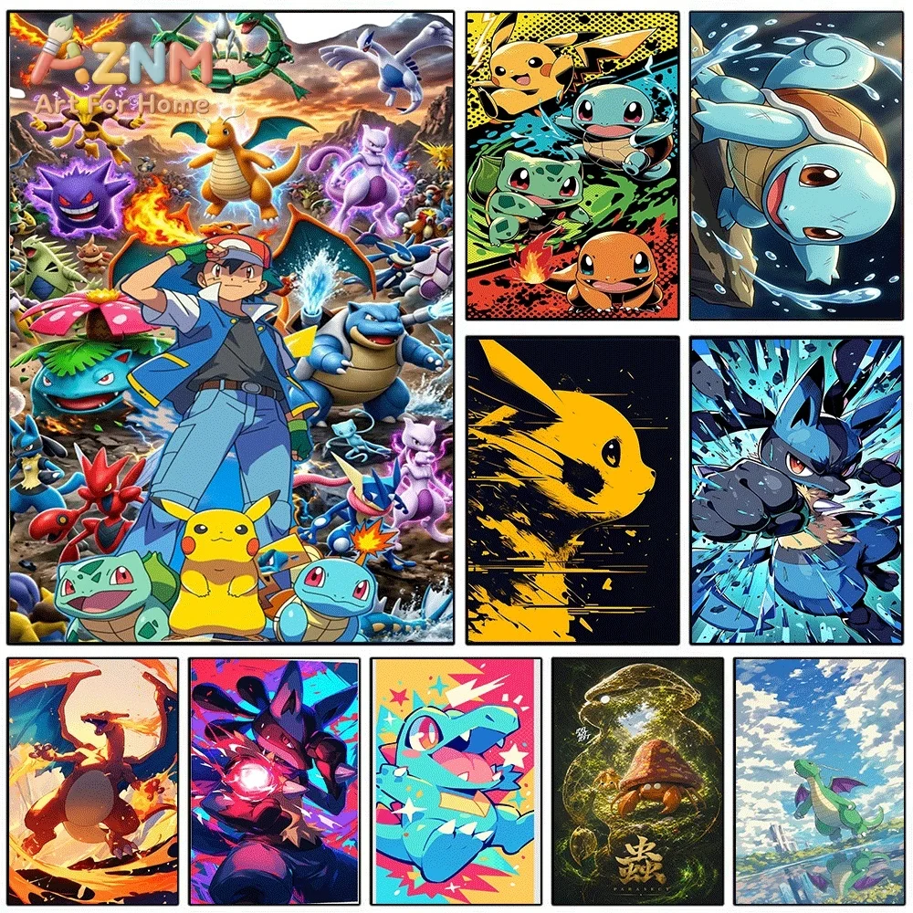 Anime Pokemon Ash And Multi‑Characters Canvas Wall Art, Popular Pocket Monster Cartoon Frameless Canvas Painting for Kids Bedr