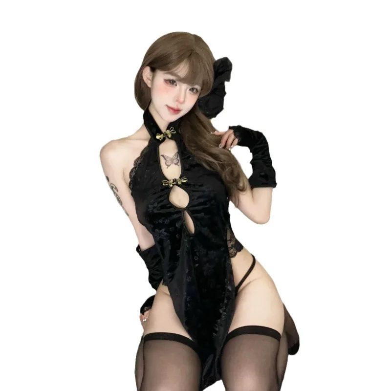 

Женское эротическое белье с открытой спиной и высоким разрезом Cheongsam, соблазнительная ролевая пижама в стиле ретро, комплект Cheongsam