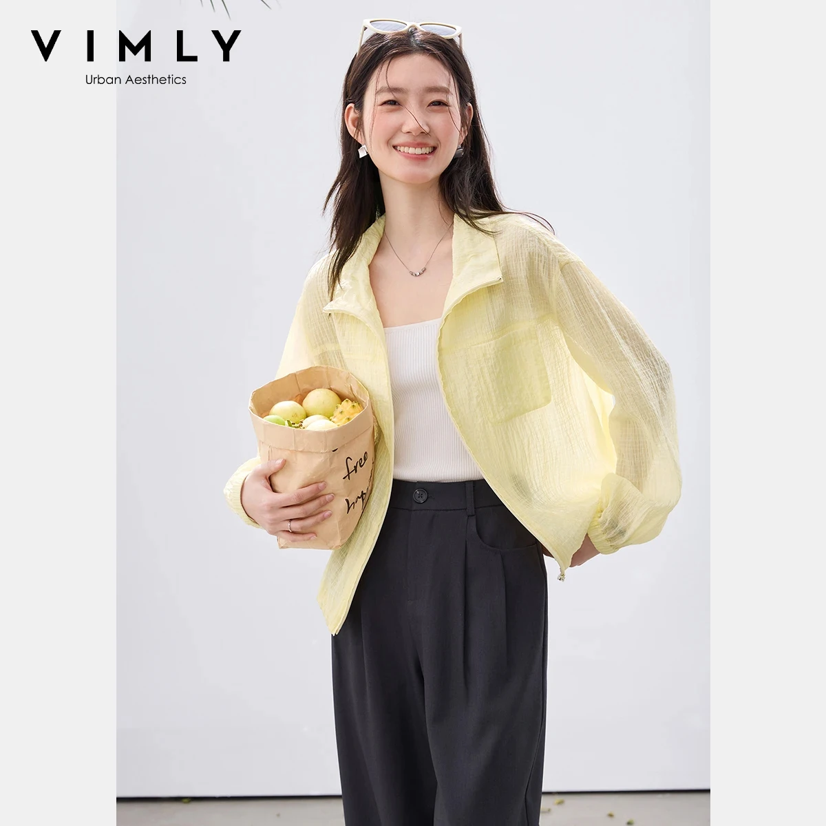 

VIMLY Women's Minimalist Sun Protection Jacket 2026 Spring New Fashion Casual Yellow Mock Neck Loose Office Wear for Women A5179