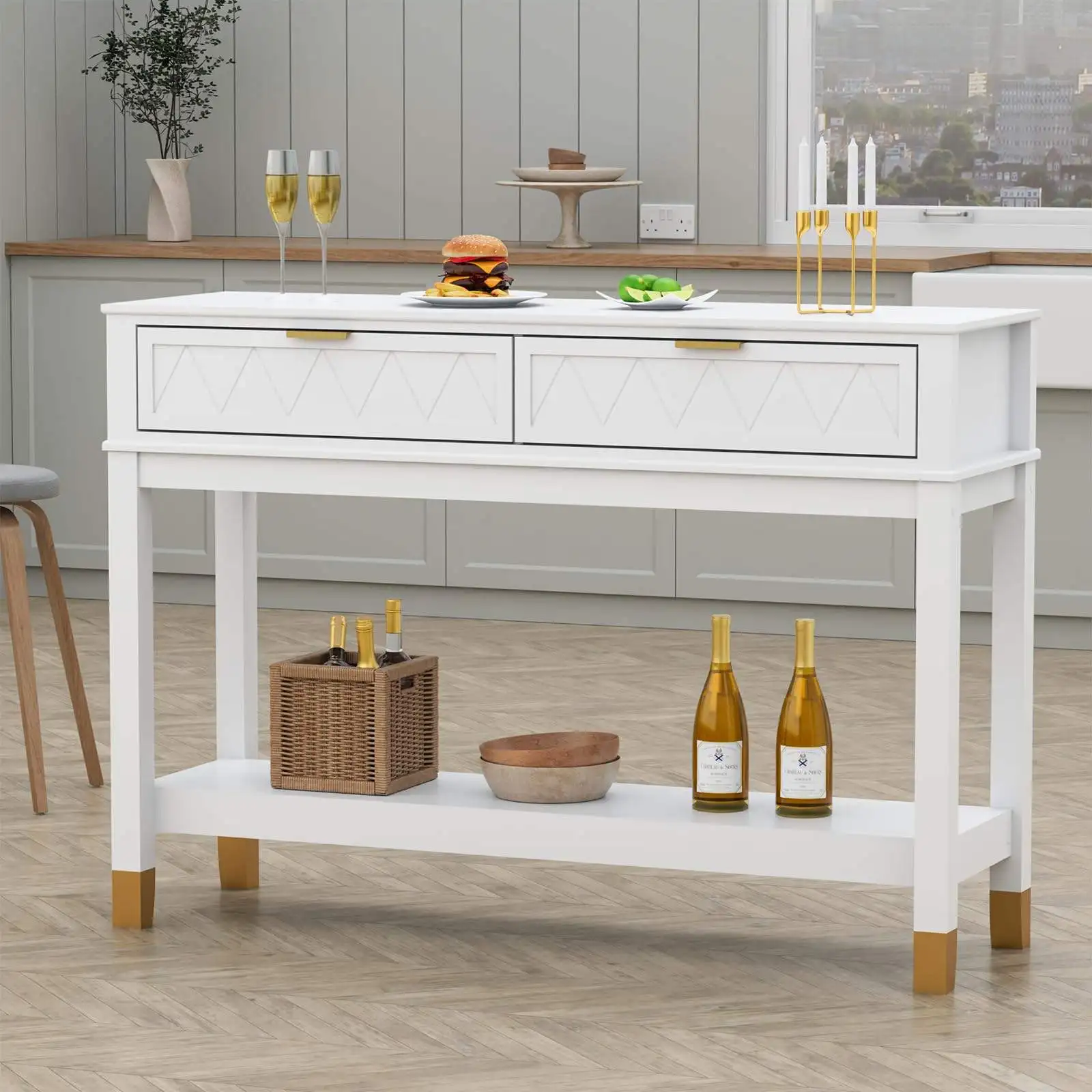 

43'' 2 Tier Storage Shelves Console Entryway Table with 2 Drawers