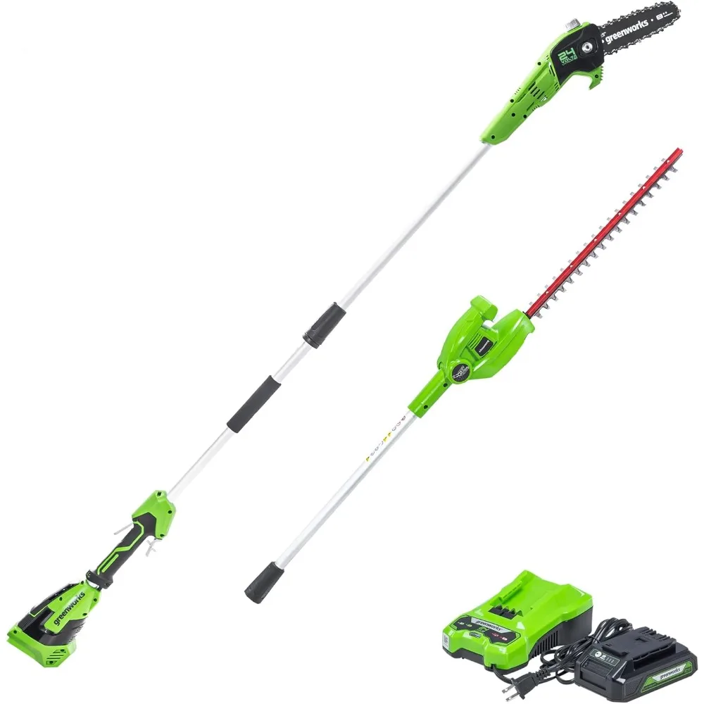 

24V 8" Cordless Polesaw + 20" Pole Hedge Trimmer Combo (Great For Pruning and Trimming Branches / Shrubs)