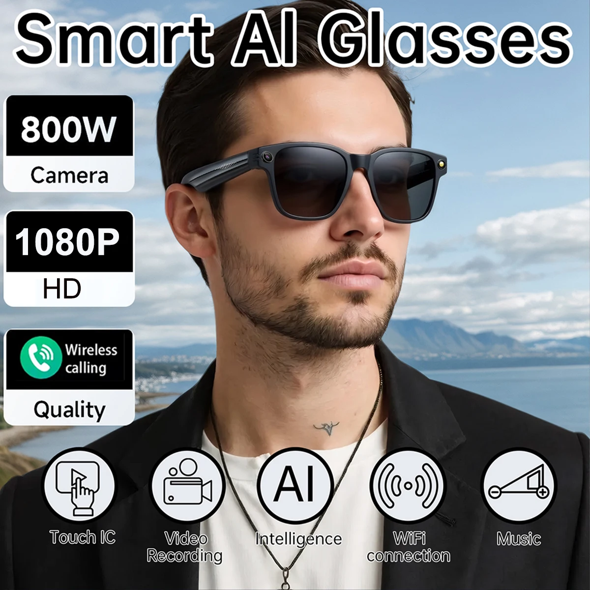 Lunettes intelligentes à IA, caméra HD 1080P, lunettes caméra anti-tremblement 800W avec enregistrement vidéo, double microphone, traduction simultanée/GPT, détection d'objets, audio et musique à oreille ouverte, lunettes intelligentes pour les voyages, les réunions