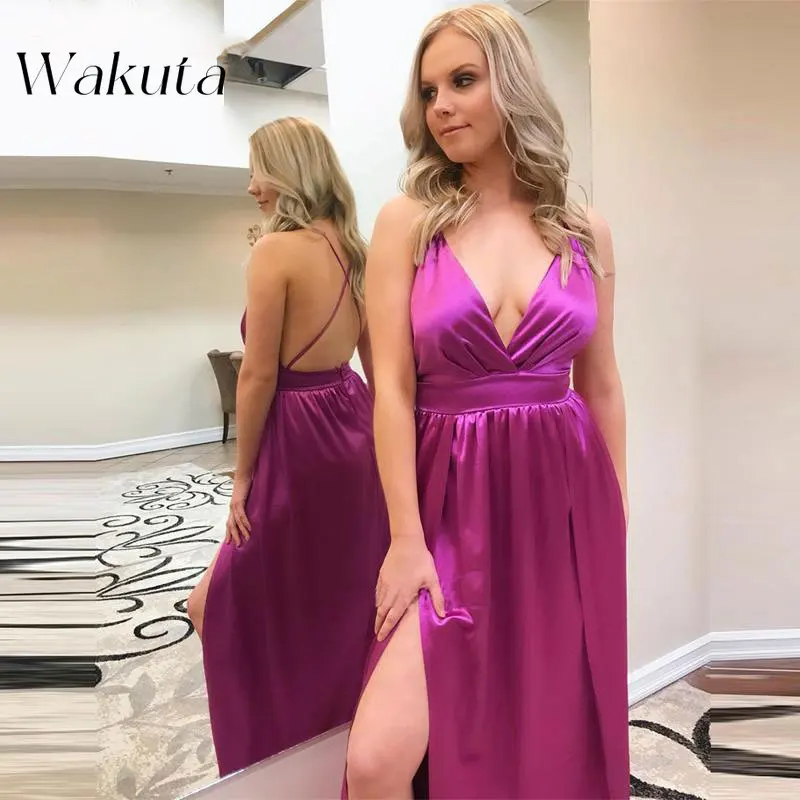 Wakuta Fashion Sexy Deep V Neck Strapless Simulated Silk Maxi Vestidos Elegant Backless Slim Floor-length Cocktail Party Dresses