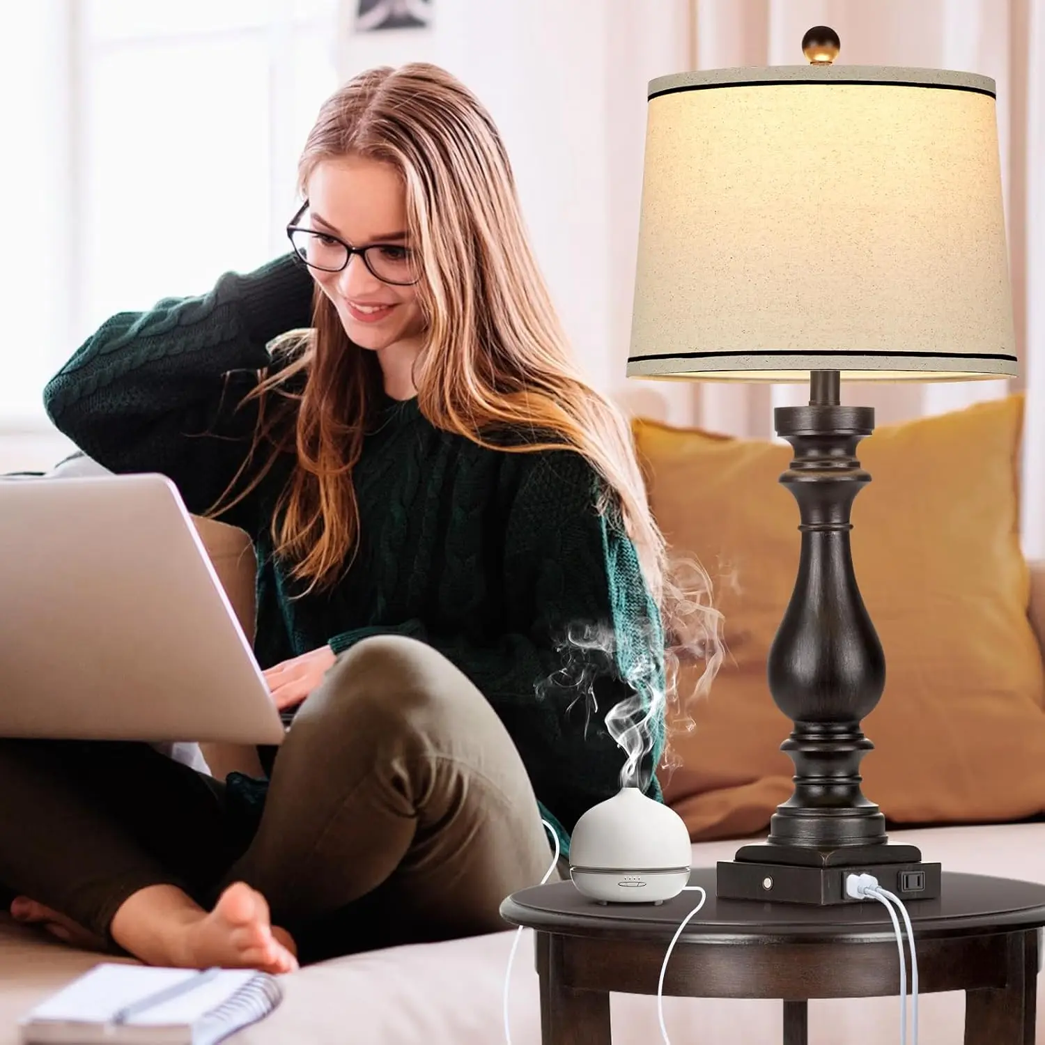 29' Tall Table Lamp Set of 2, Farmhouse Vintage Bedside Lamps with USB-C + A Ports & AC Outlet, 3-Way Dimmable Touch Control